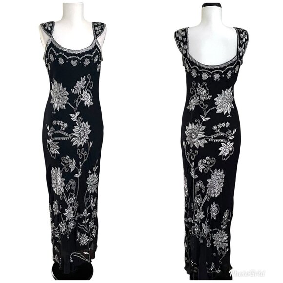 Adrianna Papell Y2K Silk Beaded Maxi Dress Black Floral Embroidery 0/XS - Picture 1 of 12